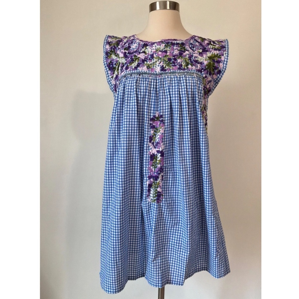 Mi Golondrina Blue Gingham Embroidered Mini Dress with Purple Floral Accents
